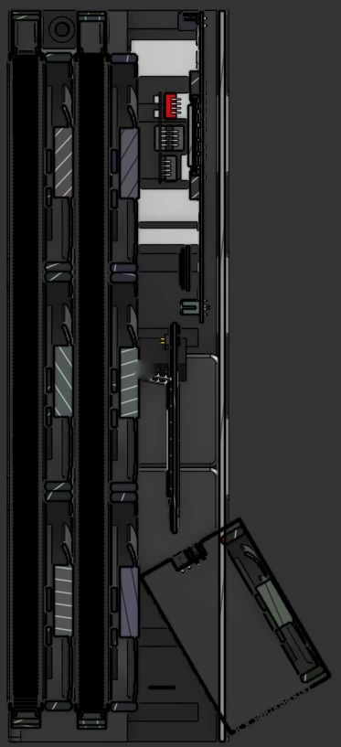 A section through the closed case: the parts nest between the radiators