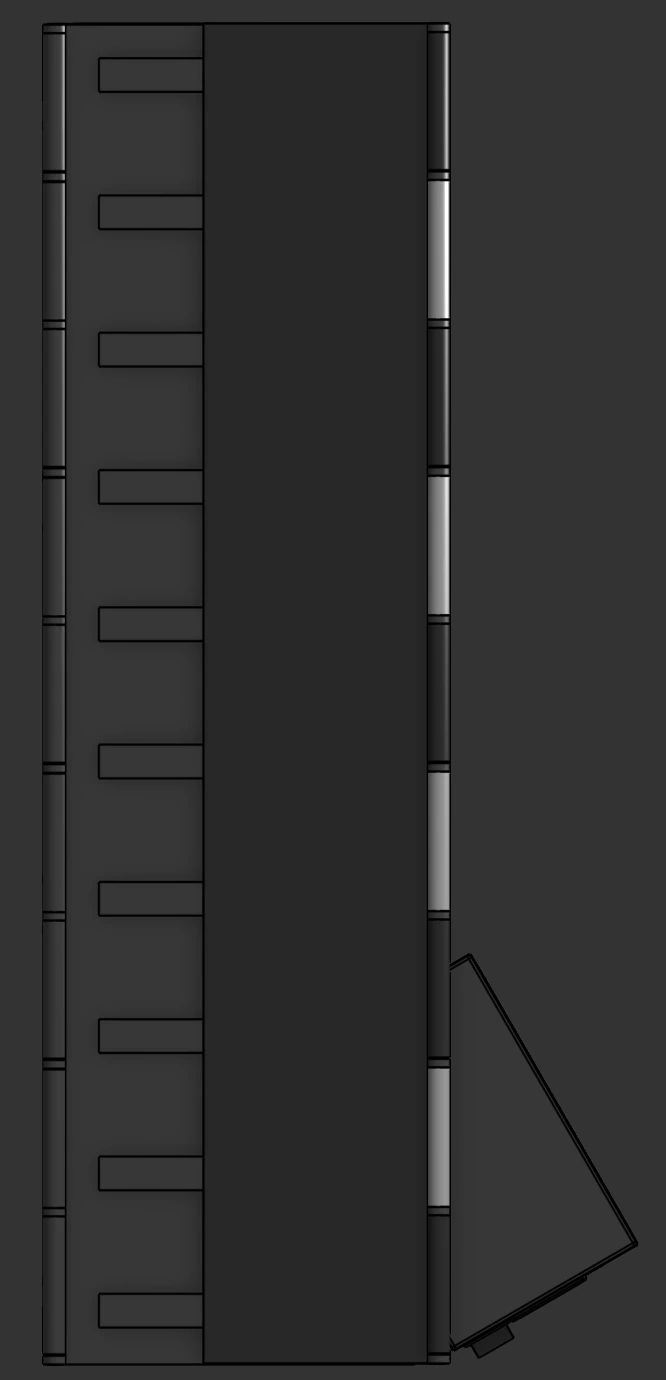 The hinge side of the closed case