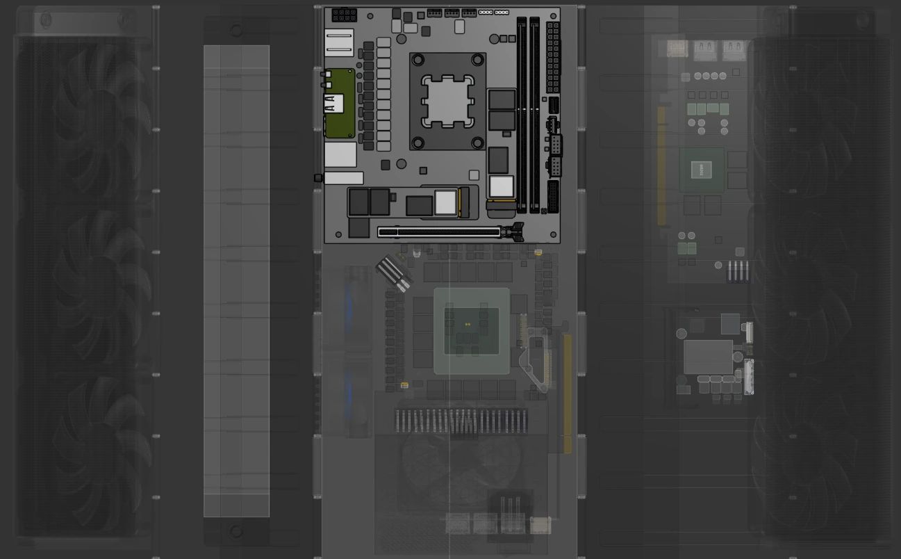 The motherboard from above, with the rest of the case transparent