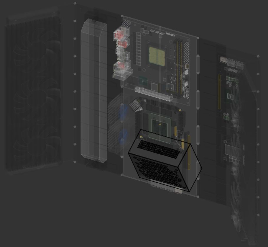The power supply, with the rest of the case transparent
