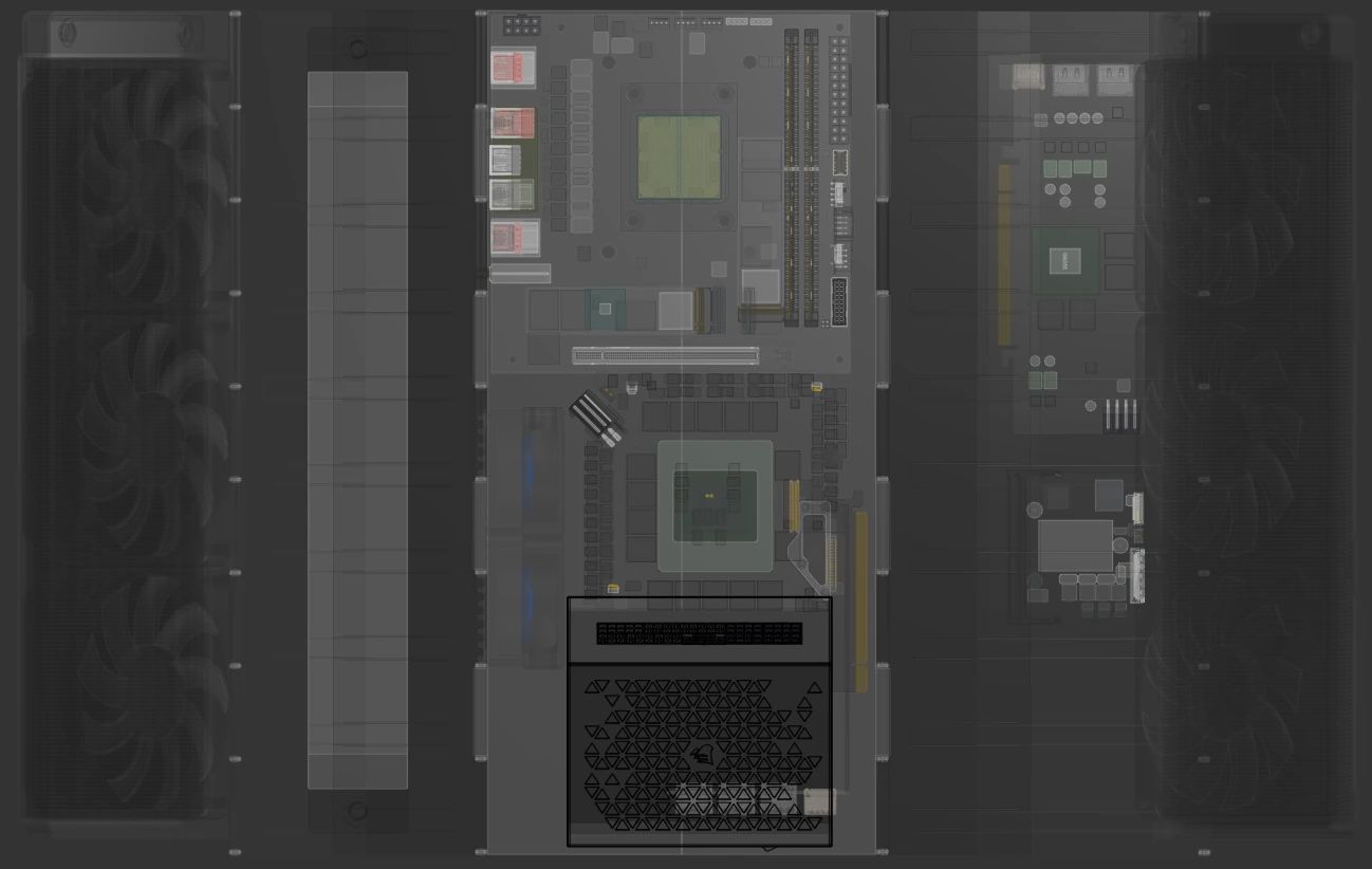 The power supply from above, with the rest of the case transparent