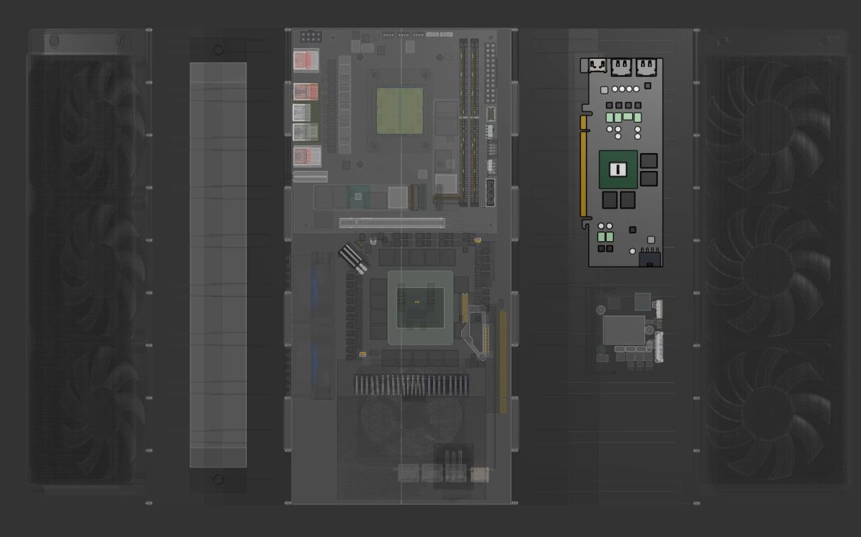 The RTX 5060 from above, with the rest of the case transparent