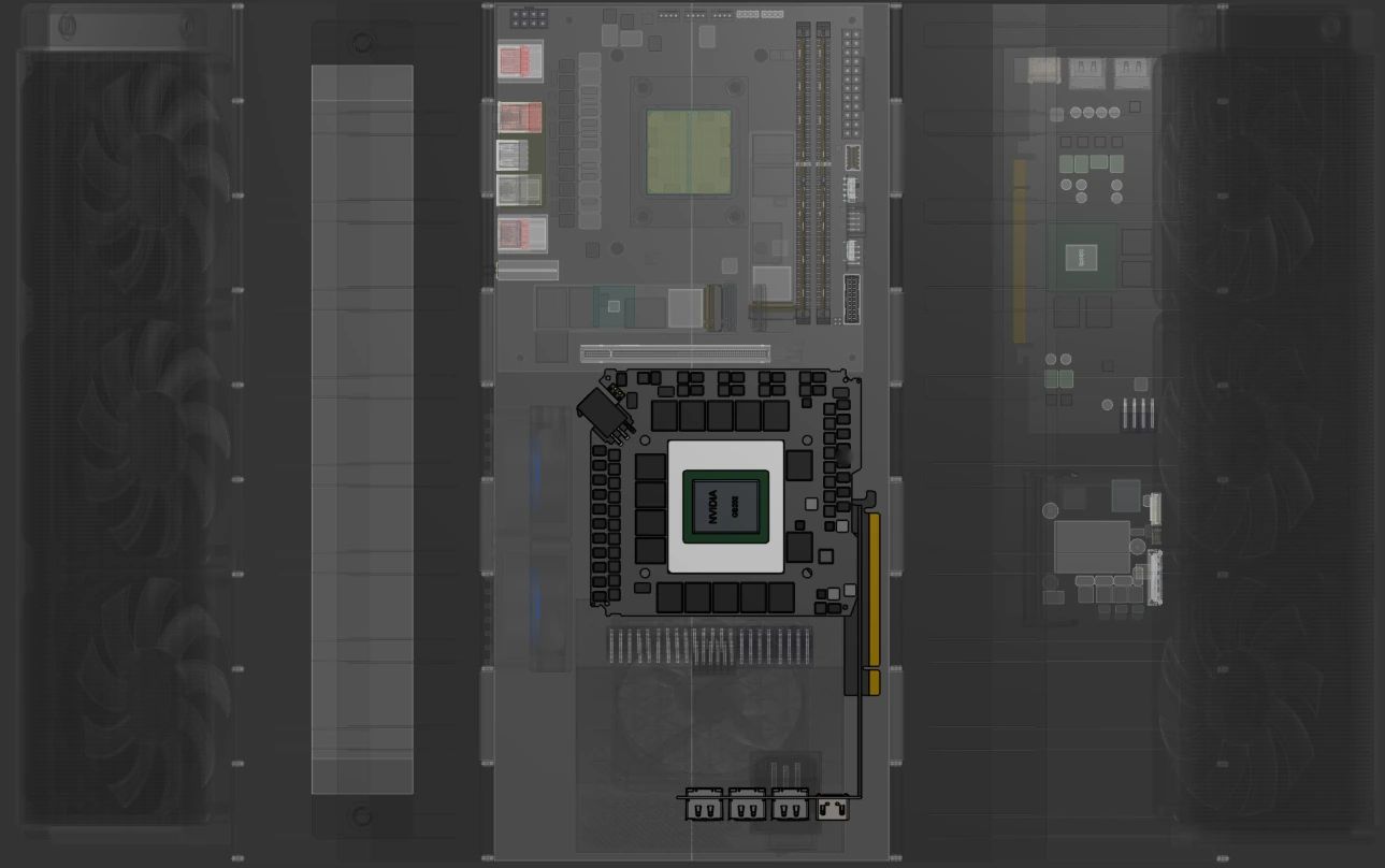The RTX 5090 from above, with the rest of the case transparent