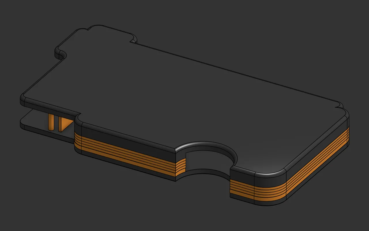 Onshape model of prototype 1 from the back, with the thumb cutout and the insert layers.