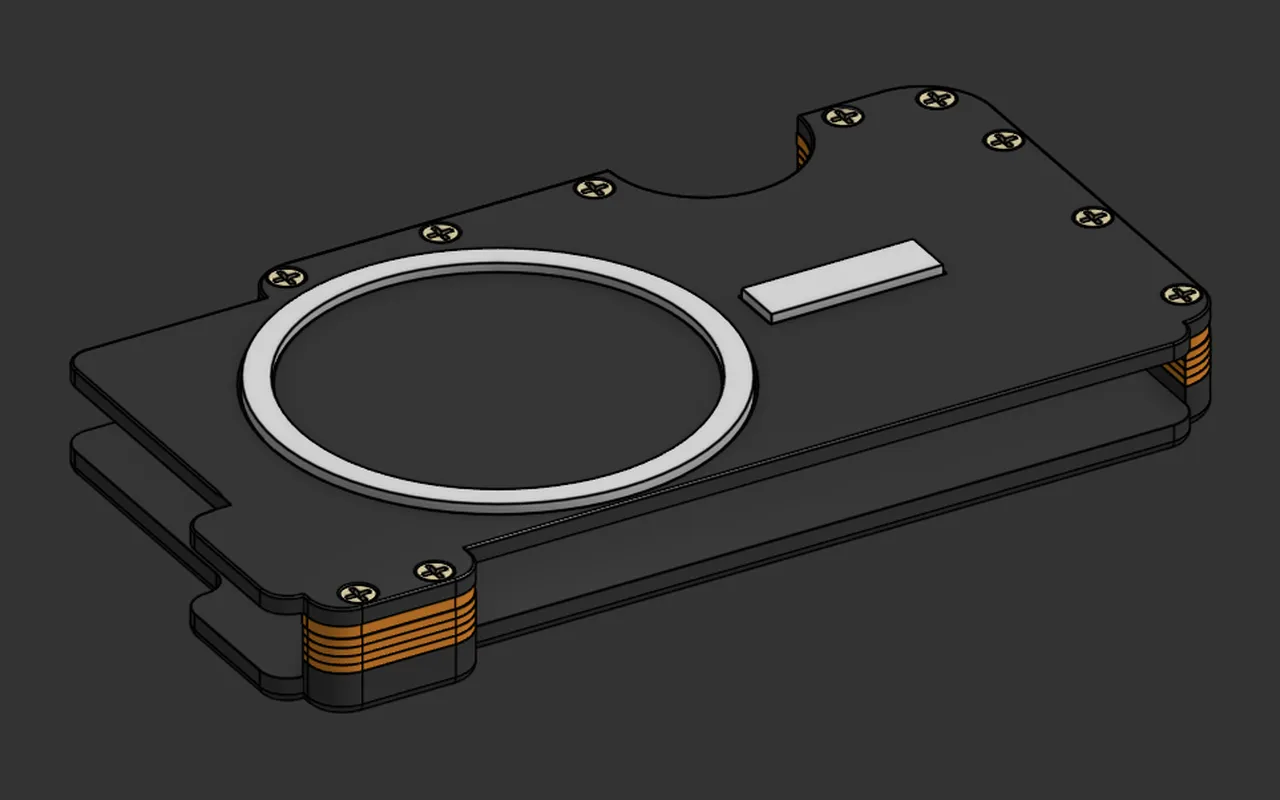 Onshape model of prototype 1, phone side up, showing the card space between the plates.