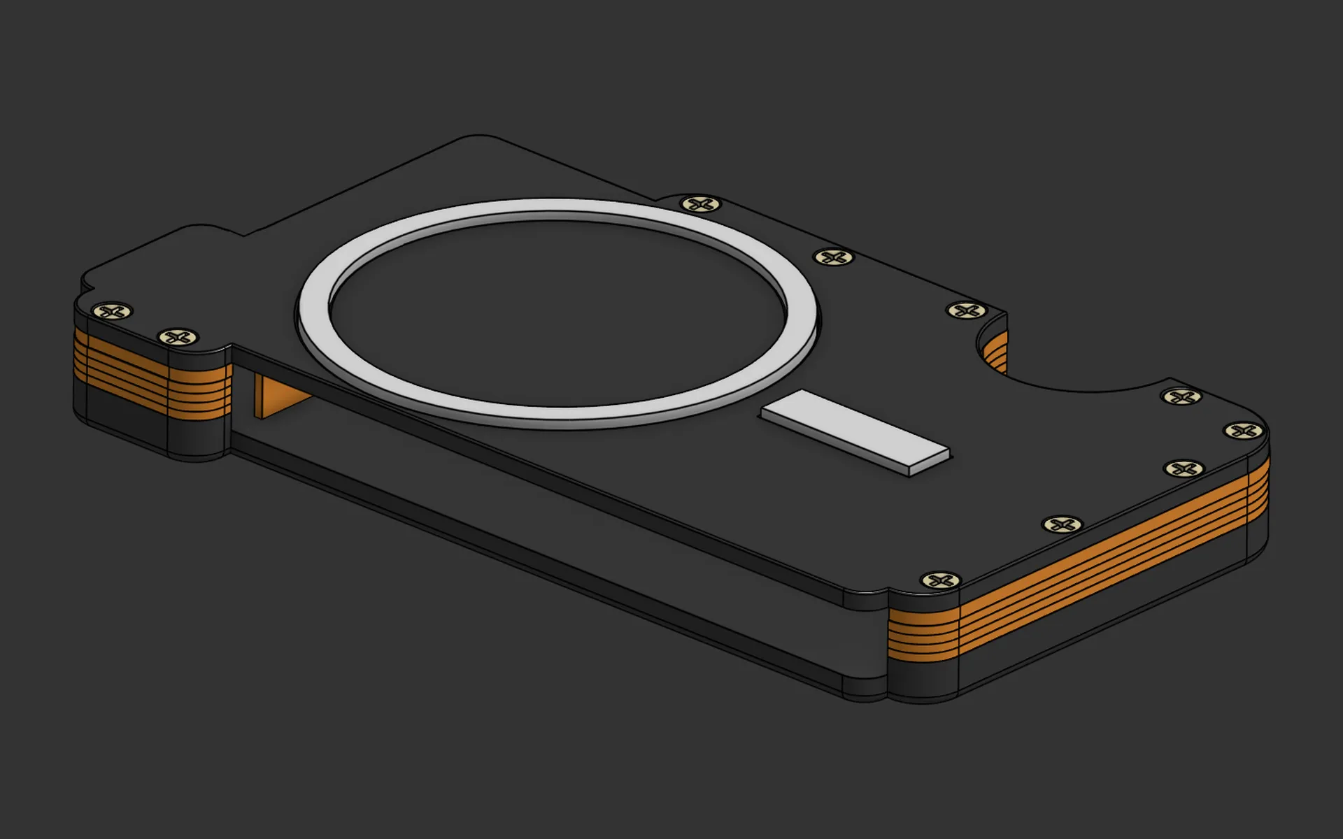 Onshape model of prototype 1, phone side up: the magnet ring, the screws and the orange insert layers.