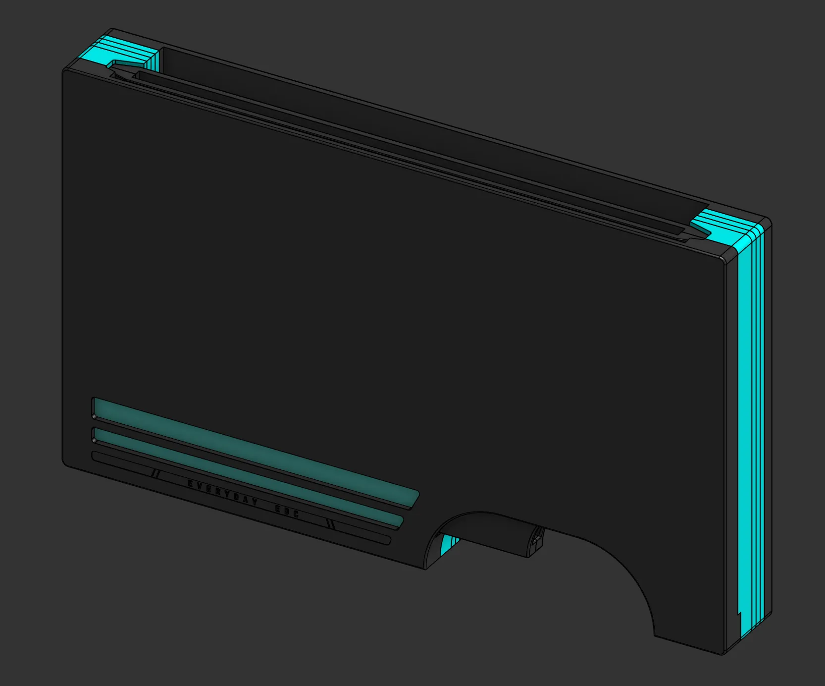 Onshape CAD of the Slide Wallet: the front with its RFID windows and engraving, the cyan spacer layers along the edge.