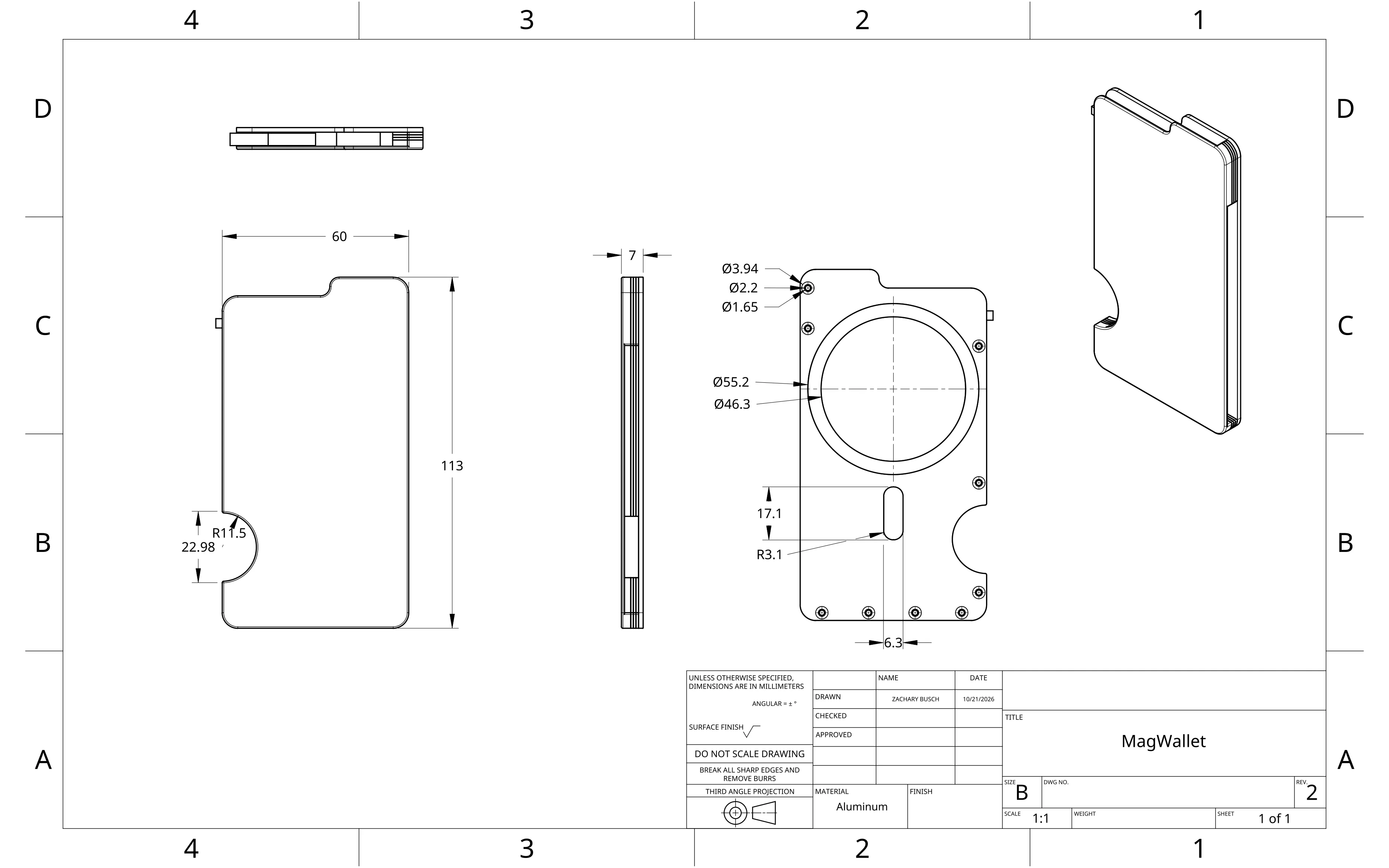 Zach's engineering drawing of the MagWallet, rev 2: back, edge and phone-side views with dimensions in mm (113 × 60 × 7, Ø55.2 magnet ring, R11.5 thumb cutout), an isometric view and the title block.