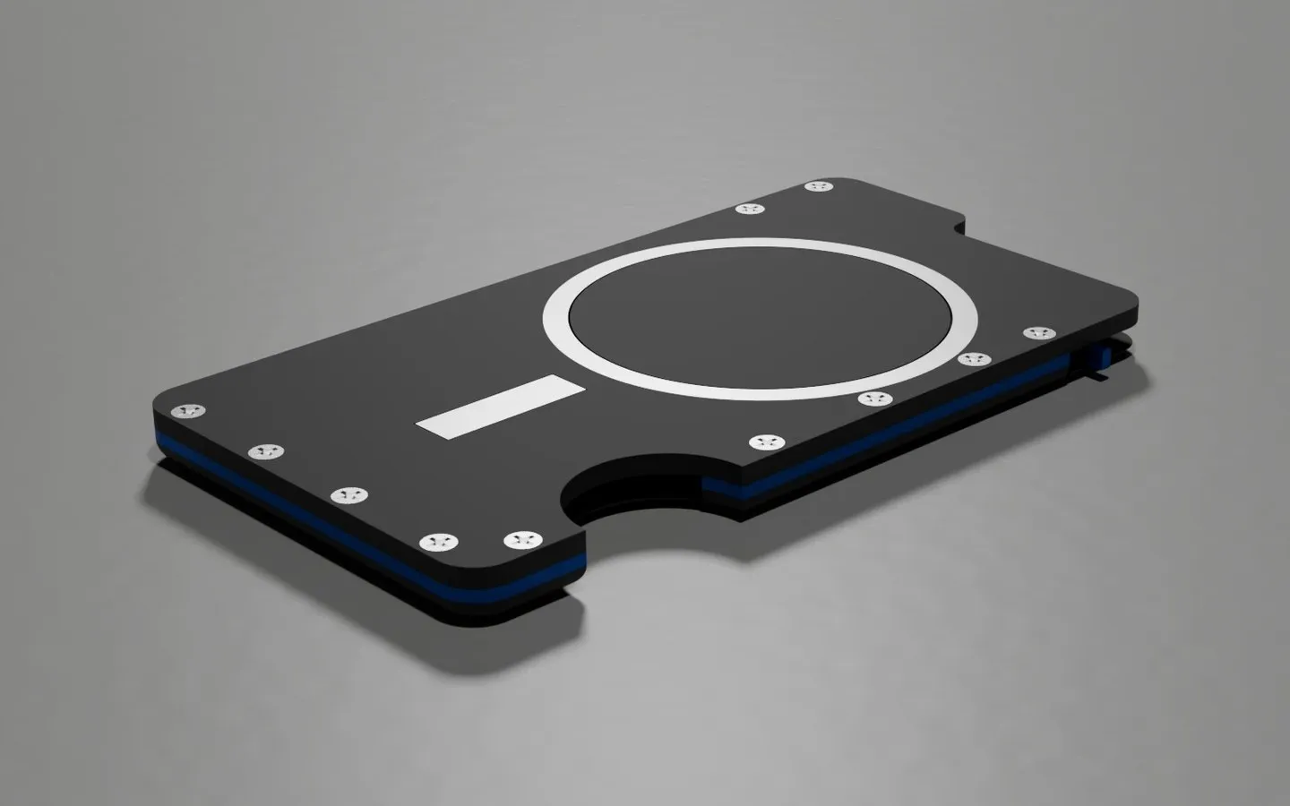 The final MagWallet design, phone side up: the magnet ring, the screws and the blue insert layers.