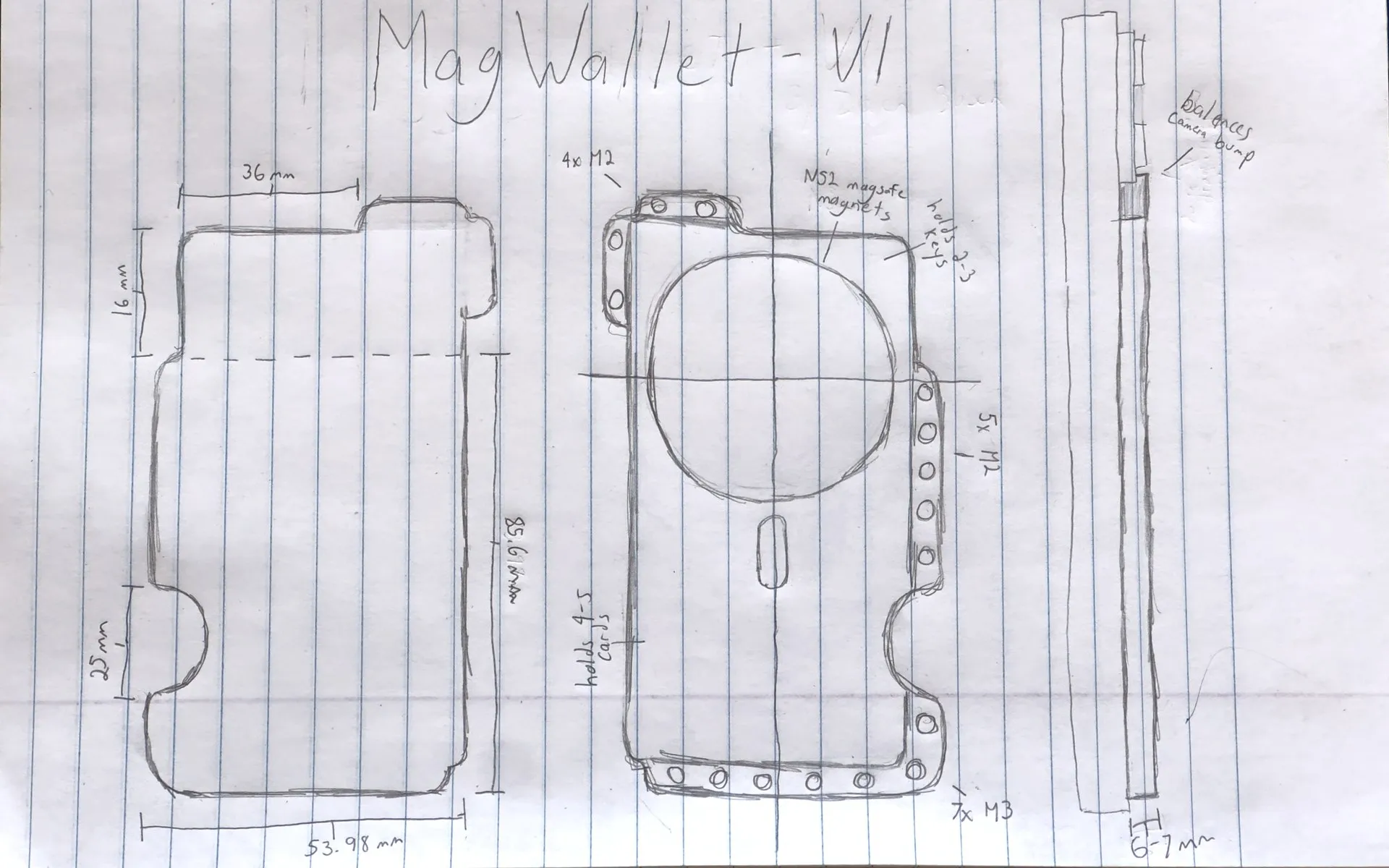 Pencil sketch titled MagWallet V1: back, phone-side and edge views with dimensions, screw callouts and the MagSafe magnet ring.